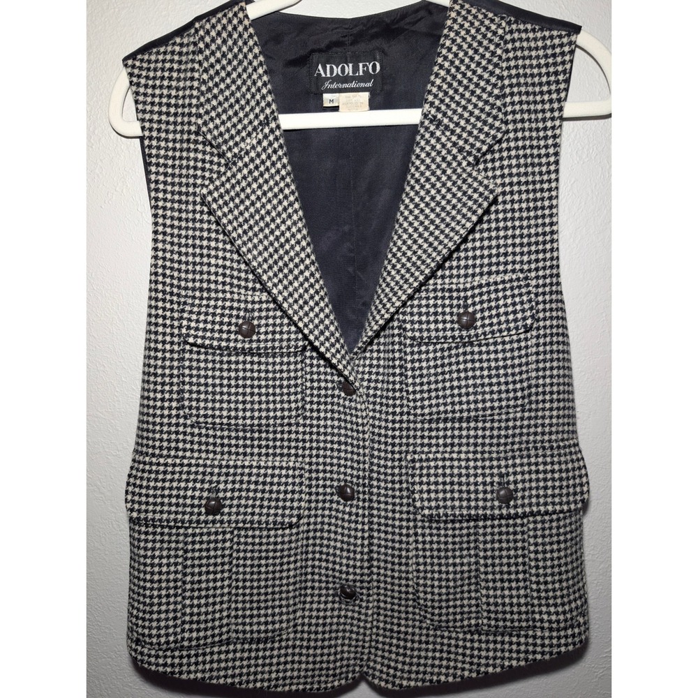 Adolfo Intl Vest Womens M Black Cream Excellent Vintage Wool Houndstooth Wool